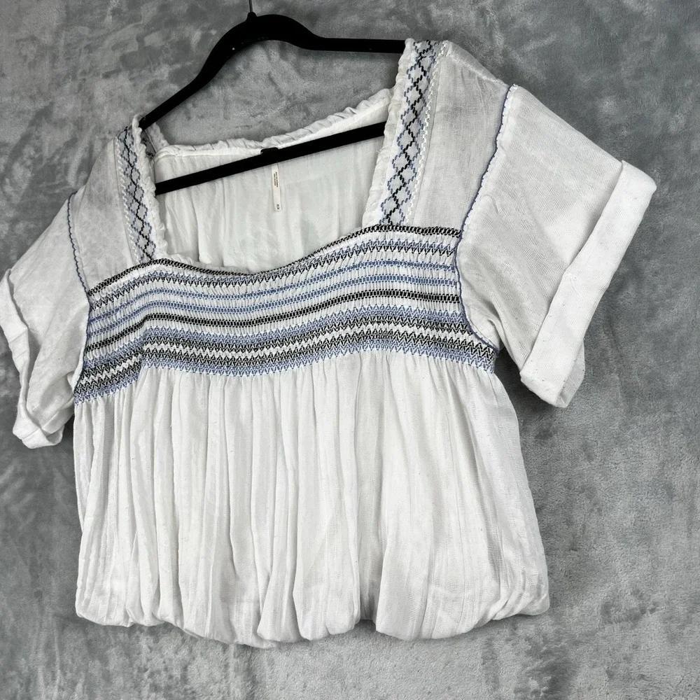 Free People Top Y2k Boho Medium Peasant Embroidered  Ruffle Prairie Crop